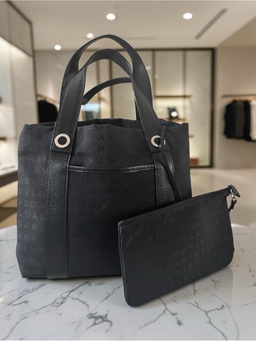 Bulgari Black Logo-Text Tote with Removable Pouch
